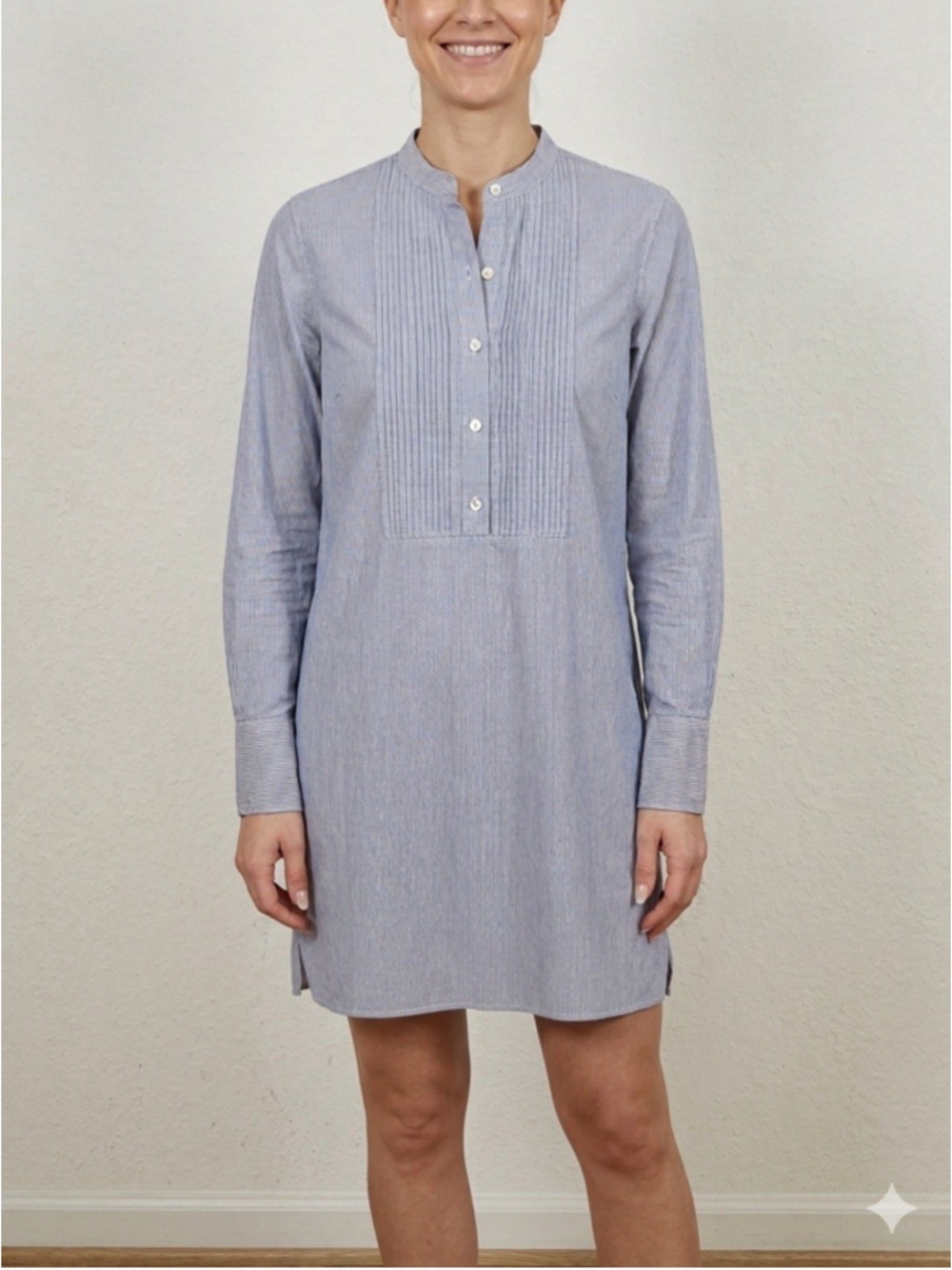 Nili Lotan Crew Neck Pintuck Cotton Tunic Dress XS Women Blue Pinstriped Luxury